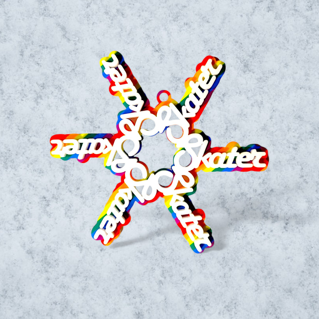 colorful snowflake ornament made of the word 'skater' in white on a rainbow background