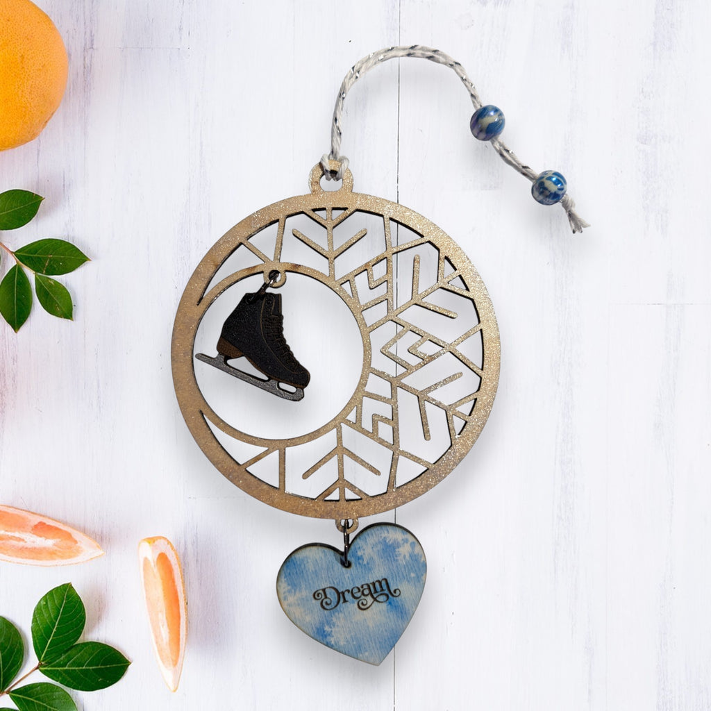 Figure Skating Wooden Snowflake Ornament with hanging figure skate and 'Dream' heart