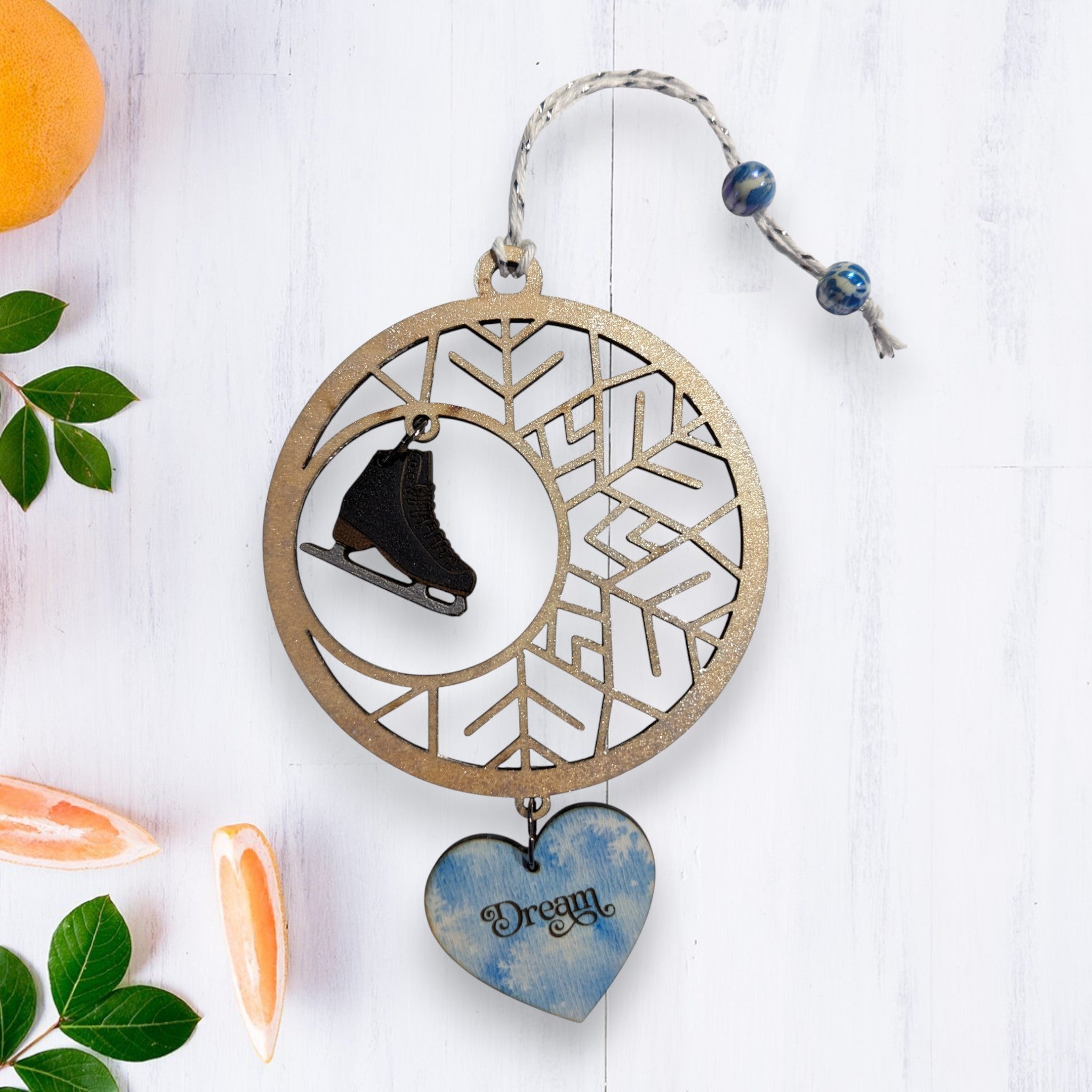 Figure Skating Wooden Snowflake Ornament with hanging figure skate and 'Dream' heart