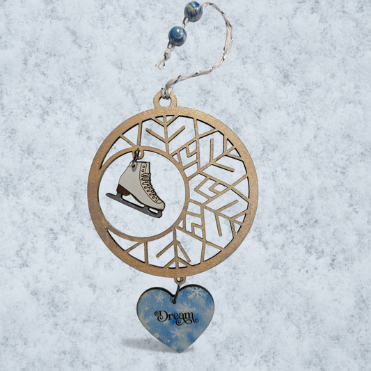 Snowflake ornament with hanging figure skate and 'Dream' heart